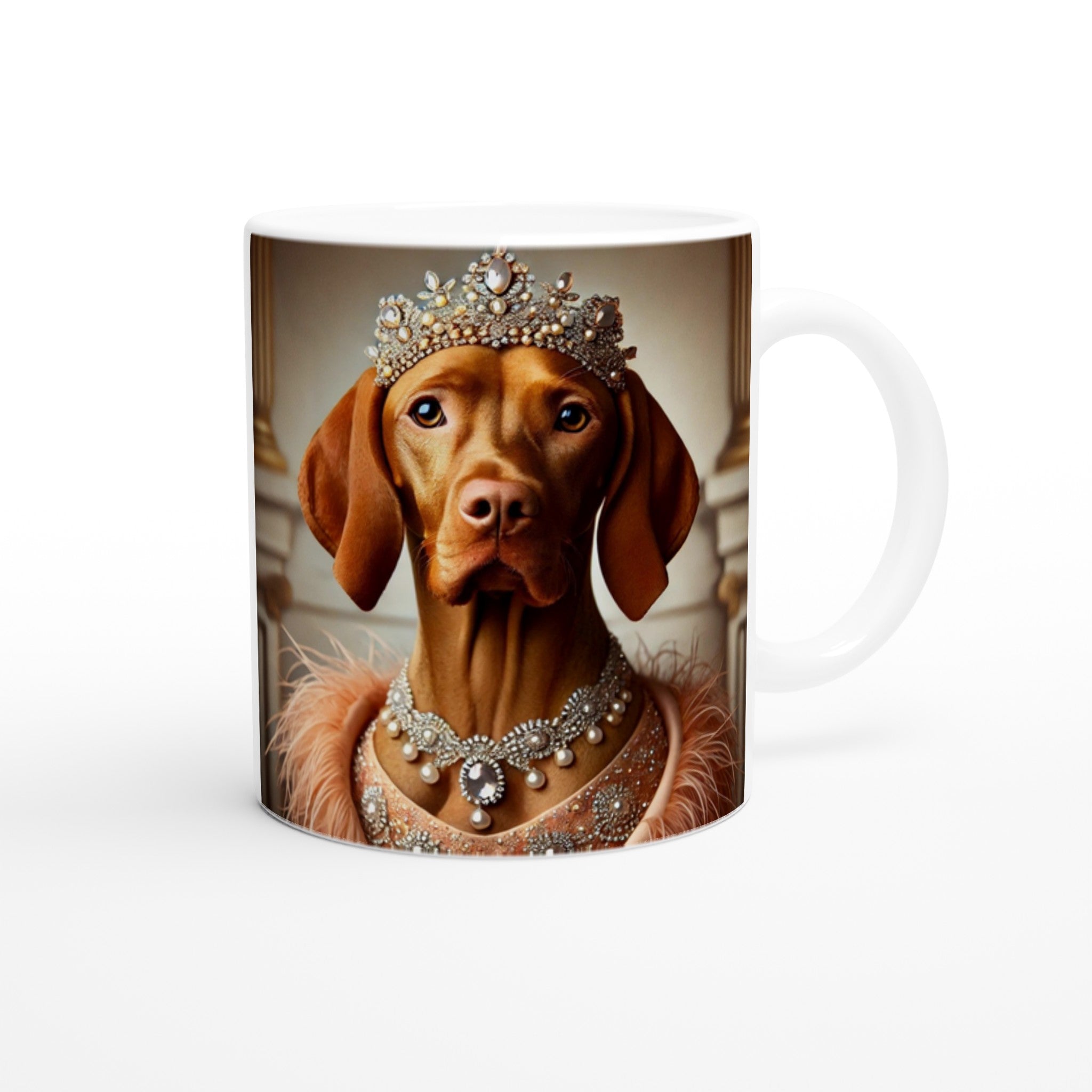 Weiße Keramiktasse mit Vizsla Hund als Barockdame